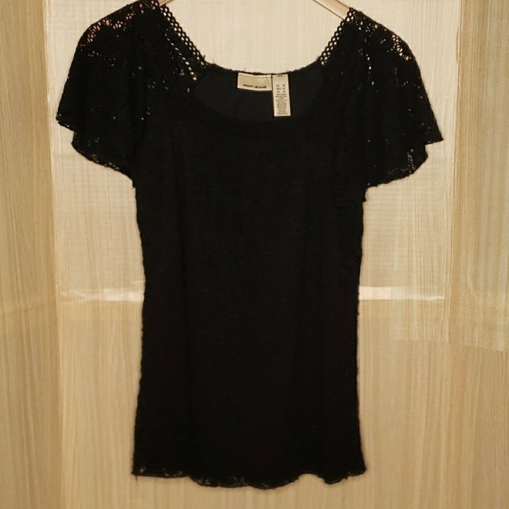 DKNY Womens Black Short Sleeve Lacey Tunic Length Medium